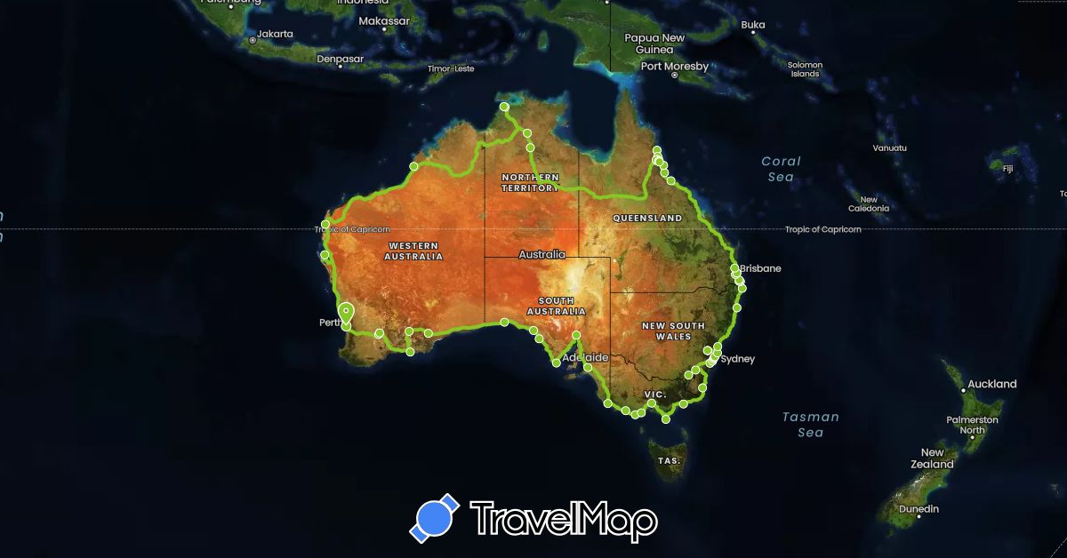 TravelMap itinerary: driving, electric vehicle in Australia (Oceania)