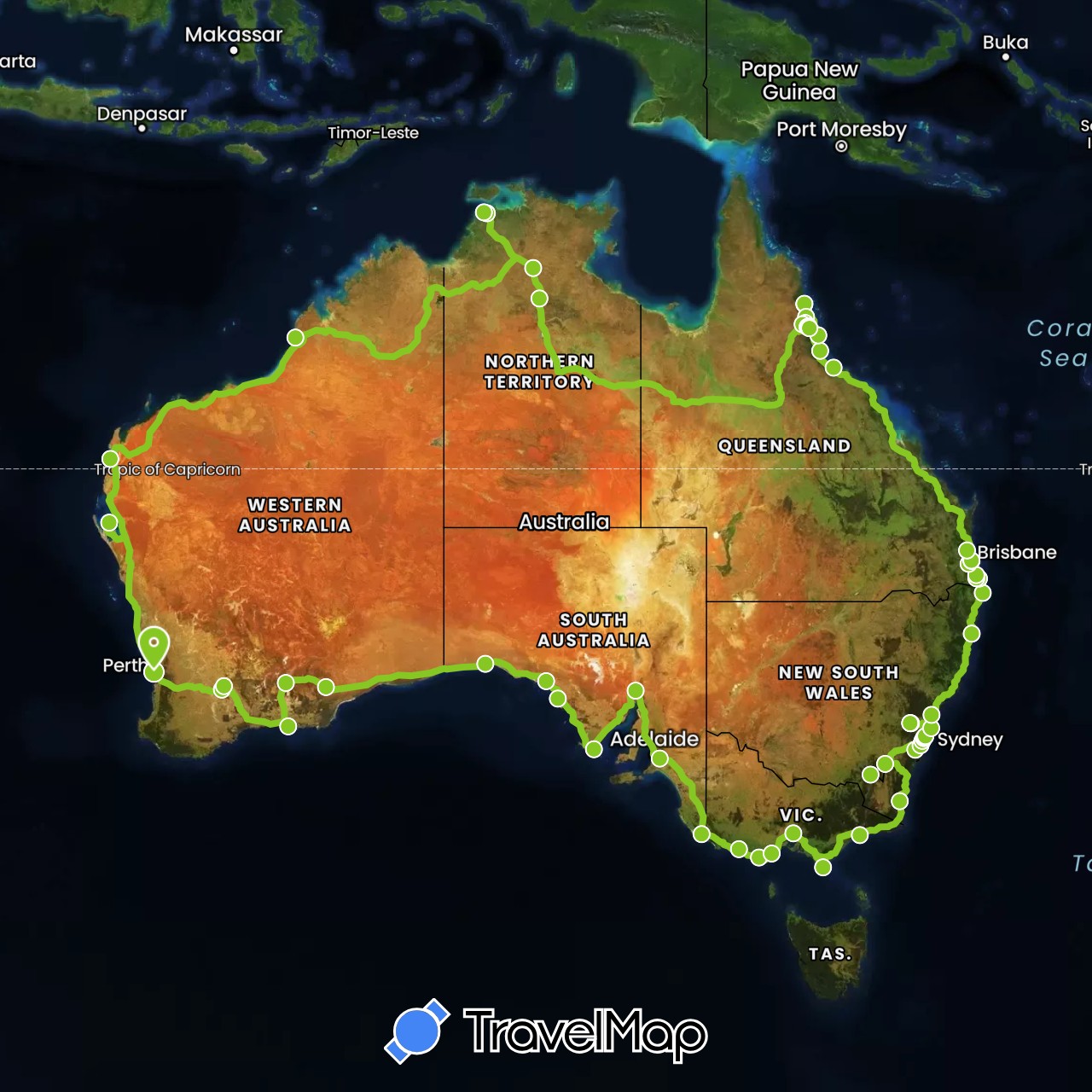 TravelMap itinerary: driving, electric vehicle in Australia (Oceania)