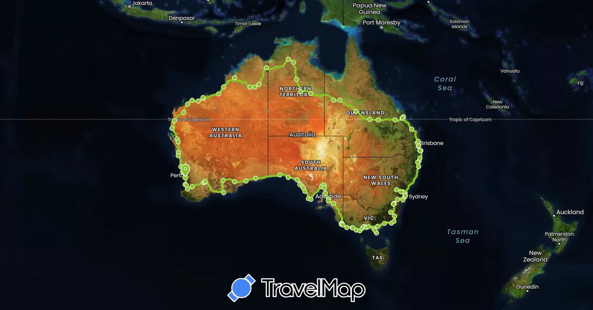 TravelMap itinerary: driving, electric vehicle in Australia (Oceania)
