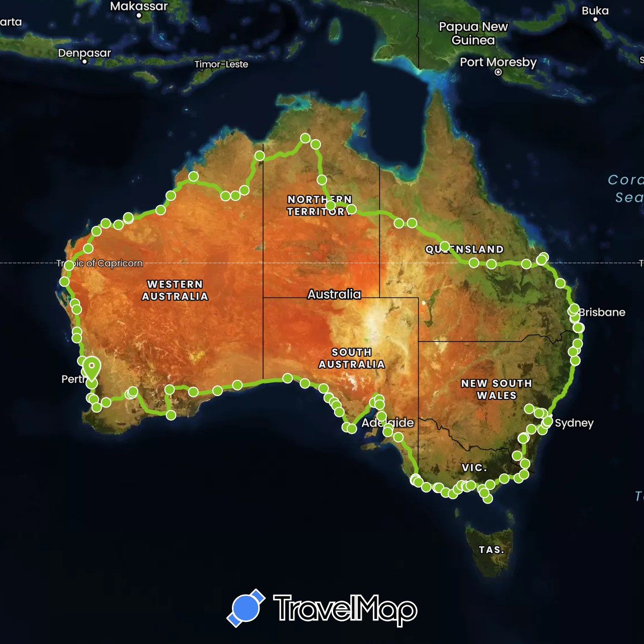 TravelMap itinerary: driving, electric vehicle in Australia (Oceania)